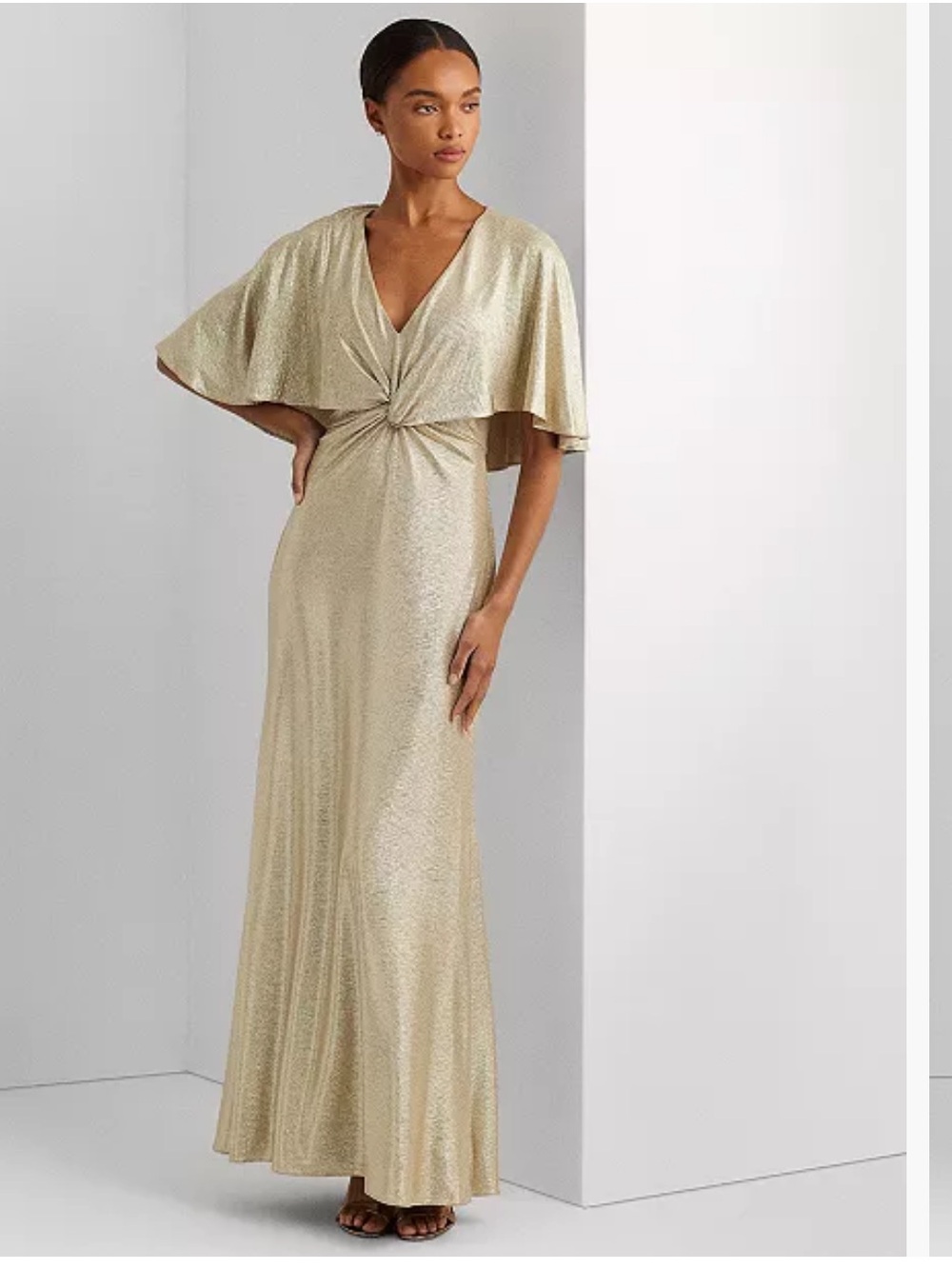 Lauren Ralph Lauren Women's Twist-Front Cape-Overlay Gown gold size 10 NWT